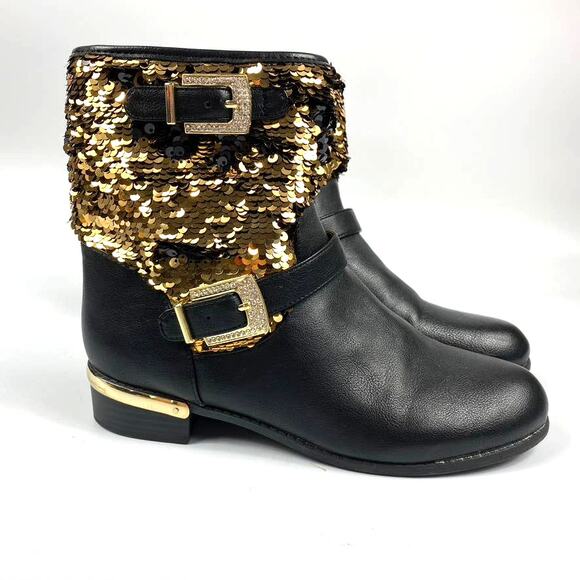 Girl's Vince Camuto Winika Sequin Moto Boots Black Gold Buckle Detail Girls 5 M